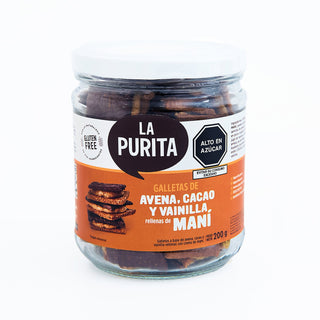 Galletas de Avena, Cacao y Vainilla rellenas de Maní, 200g - La Purita